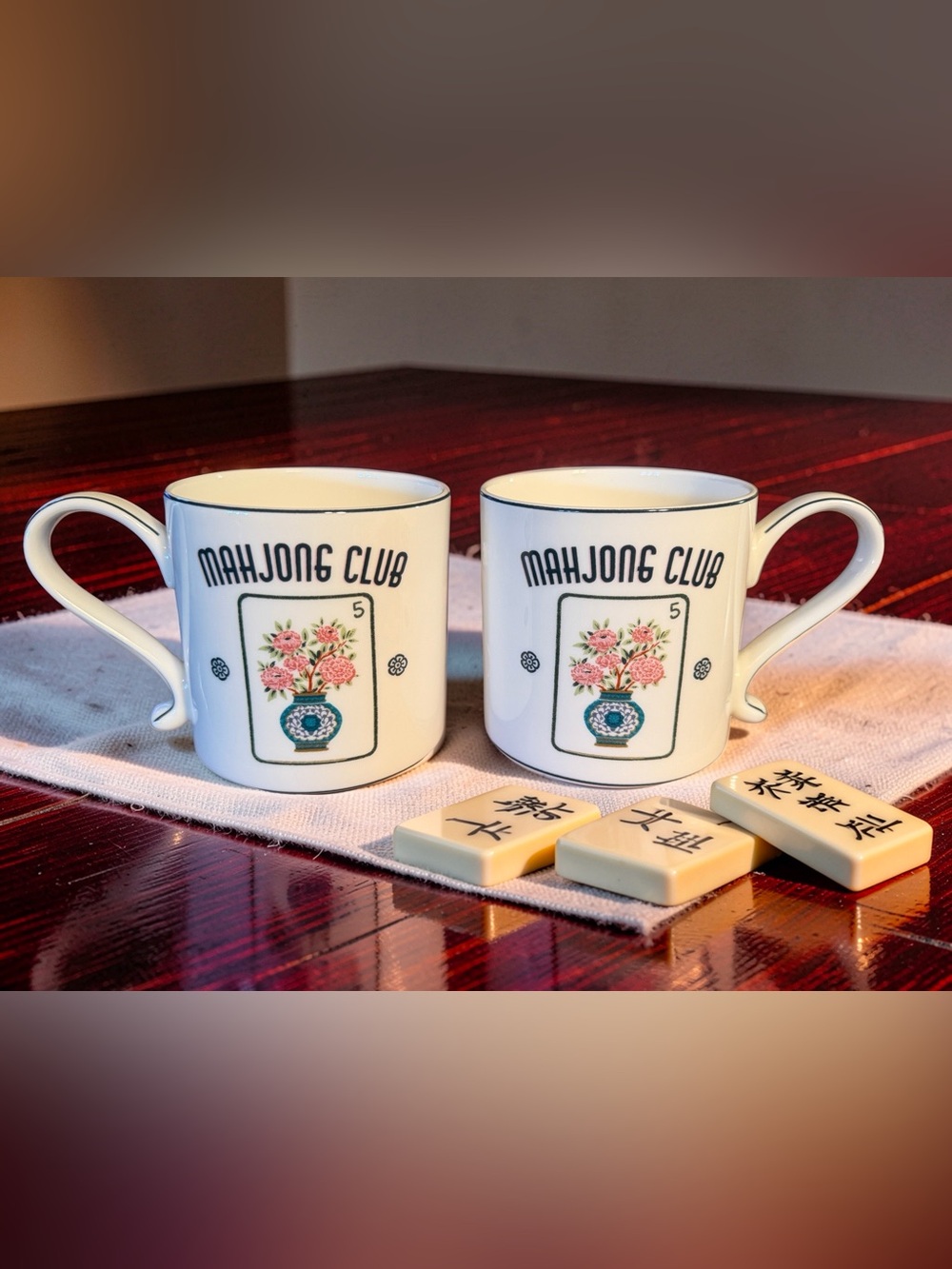 Envogue NWT Mahjong Club White & Pink Floral Tile Design Bone China Mug Set x2
